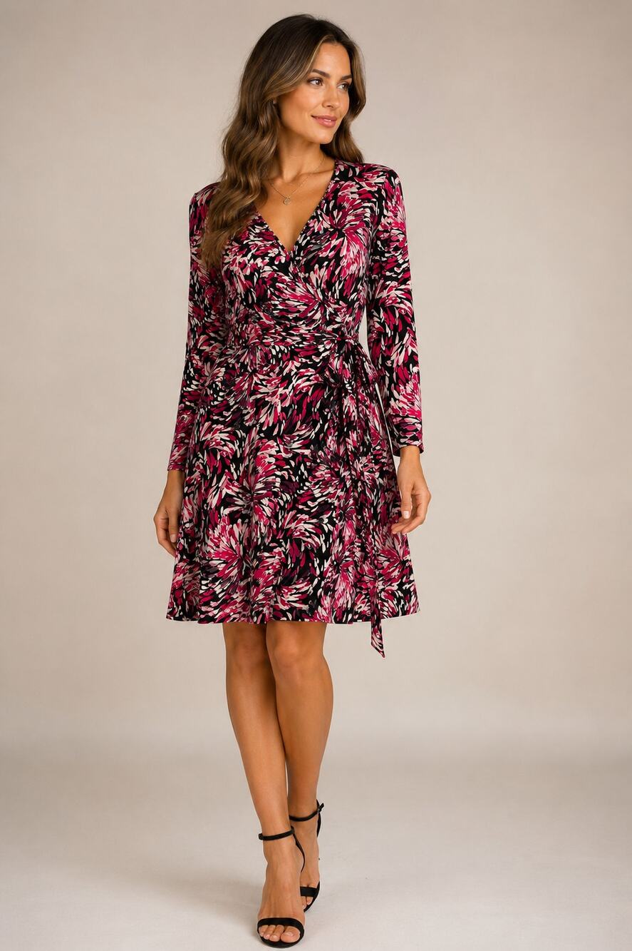 LRR181 White House Black Market Pink Black Abstract Floral Wrap Dress SP